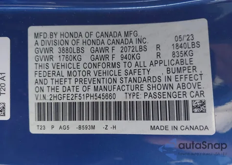 2023 Honda Civic Sport from USA, damaged, VIN 2HGFE2F51PH545660